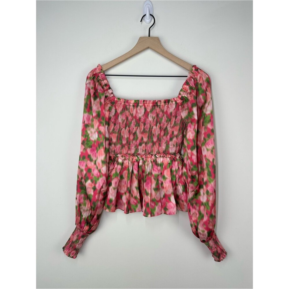NEW! Rachel Parcell Pink & Green Floral Print Long Sleeved Smocked Blouse, S